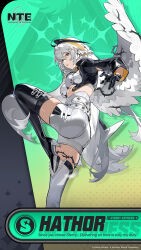  absurdres black_gloves boots breasts commentary english_commentary feathered_wings gloves grey_eyes hathor_(neverness_to_everness) high_heel_boots high_heels highres multicolored_hair neverness_to_everness official_art thorns under_boob wings 