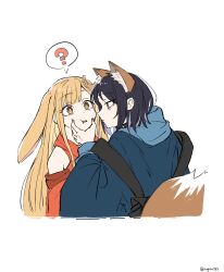  2girls ahoge animal_ears black_hair blonde_hair blush cheek_poking cheek_press cho_kaguya-hime! crescent crescent_hair_ornament eye_contact fox_ears hair_ornament hand_on_another's_cheek hand_on_another's_face hands_on_another's_cheeks hands_on_another's_face highres japanese_clothes kaguya_(cho_kaguya-hime!) kimono long_hair looking_at_another lop_rabbit_ears marucho_(nagamemaru) multiple_girls open_mouth poking rabbit_ears sakayori_iroha white_background yuri 