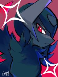  absol arrow_cupertino bright_pupils commentary_request fang highres horns mega_absol_z mega_pokemon no_humans pokemon pokemon_(creature) pokemon_focus red_background red_eyes single_wing smile solo sparkle white_pupils wings 