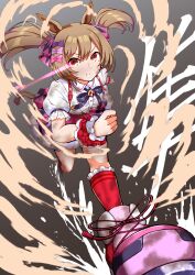  1girl absurdres animal_ears bow breasts brown_eyes brown_hair center_frills commentary_request eye_trail frills gyudon._(peilbanker) hair_between_eyes hair_bow highres horse_ears horse_girl horse_tail light_trail multiple_hair_bows pink_bow pink_shoes pink_skirt puffy_short_sleeves puffy_sleeves purple_bow red_socks running shirt shoes short_sleeves skirt small_breasts smart_falcon_(love_4ever)_(umamusume) smart_falcon_(umamusume) socks solo suspender_skirt suspenders tail twintails umamusume variant_set white_shirt wrist_cuffs 
