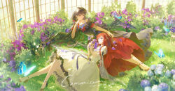  2girls absurdres black_dress black_hair black_shoes blue_butterfly blue_eyes blue_flower blunt_bangs braid bug butterfly closed_mouth collarbone commission commissioner_insert dress flower frilled_dress frilled_sleeves frills full_body grass high_heels highres holding holding_flower hydrangea indoors inuyasha kikyou_(inuyasha) layered_dress long_hair looking_at_another lying mihuashi_commission multiple_girls oc_x_canon off-shoulder_dress off_shoulder on_ground on_side original parted_lips petticoat purple_flower red_eyes shoes short_sleeves side_braids very_long_hair violet_eyes wanou water white_dress 