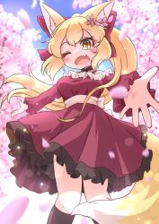  1girl animal_ear_fluff animal_ears blonde_hair blurry blurry_background blush bow breasts brown_leggings brown_ribbon brown_trim cherry_blossoms collar commentary_request dress eyelashes facing_viewer fluff fluffy_tail fox_ears fox_girl fox_tail frilled_dress frills from_below hair_between_eyes hair_ornament hairpin highres karasuma_amiru large_tail leggings long_sleeves looking_at_viewer medium_breasts offering_hand_to_another one_eye_closed open_mouth original petals pink_petals pointy_ears ponytail red_bow red_dress red_sleeves ribbon smile solo standing tail white_trim yellow_eyes yellow_tail 