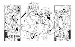  1boy 1girl 66_(roro) :o ? adjusting_hair apron bag blunt_bangs chibi chibi_inset commentary_request cooking cooking_pot greyscale grocery_bag hair_between_eyes hand_up headscarf holding holding_bag holding_knife holding_ladle hood hoodie japanese_clothes kimono knife kobushi_kiku ladle light_frown long_hair long_sleeves looking_at_another monochrome multiple_views parted_lips plate puffy_long_sleeves puffy_sleeves shopping shopping_bag short_hair tasting_plate vocaloid vy1 vy2 wloop 