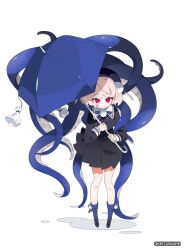  1girl black_dress black_hat black_jacket blonde_hair blue_ribbon commentary dress ecron_(keitaiware) full_body grin hat highres holding holding_umbrella jacket long_sleeves looking_at_viewer neck_ribbon pinstripe_dress pinstripe_pattern pleated_dress red_eyes ribbon sailor_hat school_uniform short_hair simple_background smile solo standing tentacles teruterubouzu twitter_username two-handed two_side_up ui_(voisona) umbrella untranslatable_commentary voisona white_background 