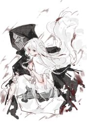  1boy 1girl aqua_eyes armor black_cloak blood carrying carrying_person cloak dress ender_lilies_quietus_of_the_knights gauntlets helm helmet highres knight lily_(ender_lilies) long_hair parted_lips simple_background sketch umbral_knight_(ender_lilies) upper_body white_background white_dress white_hair yuemiao 