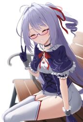  1girl absurdres azur_lane bench breasts capelet choker closed_eyes commentary_request cross cross_choker frilled_capelet frilled_gloves frills from_side garter_straps glasses gloves hair_ribbon highres l'opiniatre_(azur_lane) long_hair looking_at_viewer miniskirt purple-framed_eyewear purple_capelet purple_gloves purple_hair red_ribbon ribbon rk_(cc15915r) semi-rimless_eyewear simple_background sitting skirt small_breasts smile solo thigh-highs v variant_set very_long_hair white_background white_garter_straps white_skirt white_thighhighs 