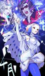  1girl 2boys absurdres armpits blonde_hair blue_eyes broken_glass brown_hair capcom_fighting_allstars capelet commentary_request d_d detached_sleeves dress escoffion glass highres ingrid_(capcom) multiple_boys open_mouth pantyhose purple_pantyhose red_eyes rook_(capcom) sidelocks street_fighter street_fighter_6 sunglasses tetsu_(kimuchi) white_dress 