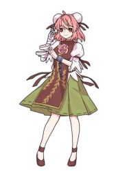  1girl bandaged_arm bandages bun_cover chain closed_mouth commentary_request cuffs double_bun false_arm flower full_body green_skirt hair_bun highres ibaraki_kasen looking_at_viewer medium_hair nnn_lu one-hour_drawing_challenge pink_eyes pink_flower pink_hair pink_rose red_shoes red_tabard ribbon-trimmed_skirt ribbon_trim rose shackles shirt shoes simple_background skirt smile solo tabard touhou white_background white_shirt 
