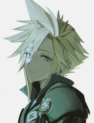  1boy absurdres ao_ringo_(yakirinngo_ha) blonde_hair blue_eyes closed_mouth cloud_strife earrings fenrir_(final_fantasy) final_fantasy final_fantasy_vii final_fantasy_vii:_advent_children grey_background hair_between_eyes highres jewelry looking_at_viewer male_focus popped_collar ribbed_shirt shirt short_hair single_shoulder_pad smile solo spiky_hair stud_earrings upper_body 