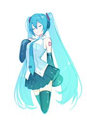  1girl aqua_eyes aqua_necktie bare_shoulders black_boots black_skirt boots callalily_art closed_eyes commentary detached_sleeves hatsune_miku headset highres long_hair making-of_available necktie number_tattoo pleated_skirt shirt shoulder_tattoo simple_background skirt sleeveless sleeveless_shirt solo tattoo thigh_boots twintails very_long_hair vocaloid white_background 