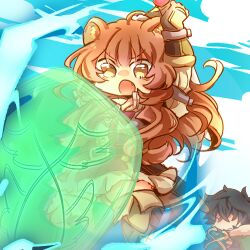  1boy 1girl :o air_strike_shield_(tate_no_yuusha_no_nariagari) animal_ear_fluff animal_ears arm_shield bad_id bad_pixiv_id belt black_dress black_hair blue_sky boots breasts brown_belt brown_boots brown_eyes brown_gloves brown_hair cloak clouds cloudy_sky dress elbow_gloves fang frown full_body fur-trimmed_collar fur_trim gloves green_cloak holding holding_shield holding_sword holding_weapon incoming_attack iwatani_naofumi leather leather_boots leather_gloves legendary_shield_(chimera_viper_shield)_(tate_no_yuusha_no_nariagari) legendary_shield_(tate_no_yuusha_no_nariagari) long_hair long_sleeves lowres medium_breasts messy_hair metal_arm_cuffs metal_wrist_cuffs midair neck_ribbon no_eyes outdoors raccoon_ears raccoon_girl raphtalia red_dress red_ribbon ribbon scabbard shaded_face sheath shield short_dress short_hair sky sleeveless sleeveless_dress solo_focus sword tate_no_yuusha_no_nariagari thigh_boots two-tone_dress upper_body v-shaped_eyebrows weapon white_dress white_fur zettai_ryouiki zourimushi_dd 