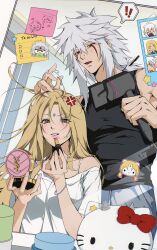  1boy 1girl 404nfzzi black_shirt blonde_hair commentary_request couple facial_mark hello_kitty highres jiraiya_(naruto) korean_commentary long_hair makeup naruto_(series) sanrio shirt spiky_hair tsunade_(naruto) whisker_markings white_hair white_shirt 