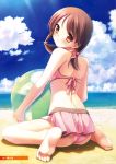  absurdres ass back ball bare_shoulders barefoot beach beachball bikini bikini_skirt blush brown_hair cloud clouds feet from_behind gennosuke gennosuke_(artist) hair_ornament highres hirosaki_kanade light_smile long_hair looking_back ocean polka_dot polka_dot_bikini polka_dot_swimsuit sitting sky soles solo sunbeam sunlight swimsuit swimsuit toes twintails wariza water yellow_eyes your_diary 