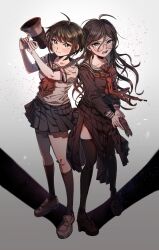  2girls ahoge antenna_hair artist_name black_socks black_thighhighs blue_sailor_collar blue_skirt blush breast_pocket brown_hair brown_serafuku brown_shirt brown_shoes brown_skirt closed_mouth collarbone collared_shirt commentary danganronpa_(series) danganronpa_another_episode:_ultra_despair_girls eyelashes fingernails fukawa_toko full_body glasses green_eyes hair_between_eyes hair_ornament hairclip highres holding holding_megaphone holding_stun_gun ithwon kneehighs long_hair long_sleeves megaphone mole mole_under_mouth multiple_girls neckerchief necktie open_mouth pocket red_neckerchief red_necktie round_eyewear sailor_collar school_uniform serafuku shadow shirt shoes short_hair short_sleeves skirt skirt_set socks standing stun_gun teeth thigh-highs third-party_source torn_clothes torn_neckerchief torn_skirt violet_eyes white_sailor_collar white_shirt 