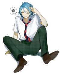  1boy annoyed arm_support arm_up black_shoes black_socks blue_hair blue_necktie clenched_teeth diagonal-striped_clothes diagonal-striped_necktie ensemble_stars! green_pants hair_between_eyes highres himeru_(ensemble_stars!) knees_up long_hair_between_eyes male_focus necktie nonta_(nonchi_nonnon) open_collar pants parted_lips red_necktie reimei_school_uniform school_uniform shirt shoes short_hair short_sleeves simple_background sitting small_sweatdrop socks solo speech_bubble spoken_squiggle squiggle striped_clothes striped_necktie teeth two-tone_necktie v-shaped_eyebrows white_background white_shirt yellow_eyes 