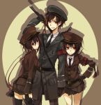  belt braid brown_hair cap durarara!! glasses gloves gun hat katana military military_uniform miniskirt necktie orihara_izaya orihara_kururi orihara_mairu peaked_cap red_eyes siblings skirt sword thighhighs uniform weapon yuzu_juncgr 