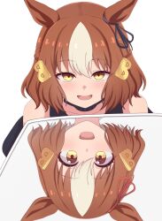  1girl absurdres animal_ears belno_light_(umamusume) black_ribbon blush brown_eyes brown_hair commentary_request different_reflection ear_ribbon hair_between_eyes highres horse_ears horse_girl it's_all_a_matter_of_angle_(meme) looking_at_viewer meme mirror multicolored_hair okomesuihanki open_mouth red_ribbon reflection ribbon short_hair simple_background smile streaked_hair umamusume umamusume:_cinderella_gray white_background white_streaks 