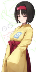  1girl black_hair closed_mouth commentary_request erika_(pokemon) grey_eyes hairband hakama hakama_skirt half-closed_eyes highres japanese_clothes kimono looking_to_the_side nakata_(nkt_vvd) pokemon pokemon_firered_and_leafgreen red_hairband red_hakama short_hair skirt solo white_background yellow_kimono 