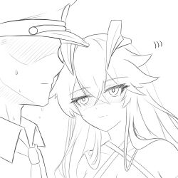  1boy 1girl azur_lane commander_(azur_lane) expressionless frown greyscale hair_between_eyes headgear highres jaggi_95 long_hair looking_at_another monochrome necktie nervous shaded_face tester_(azur_lane) unamused upper_body very_long_hair 