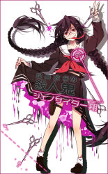  1girl blood blood_splatter border braid brown_serafuku brown_shirt brown_shoes brown_skirt collared_shirt commentary_request danganronpa:_trigger_happy_havoc danganronpa_(series) dotted_line dripping drop_shadow fenghu_(huli) fukawa_toko full_body genocider_sho glasses highres holding holding_own_skirt holding_scissors holding_weapon long_hair long_sleeves long_tongue neckerchief pink_blood pink_border pouch purple_hair red_eyes red_neckerchief sailor_collar school_uniform scissors serafuku shirt shoes skirt skirt_set smile socks solo thigh_pouch tongue tongue_out translation_request twin_braids twintails very_long_hair weapon white_background white_sailor_collar white_socks 