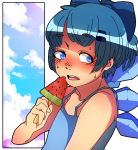  aimichiyo0526 bad_id bare_shoulders blue_eyes blue_hair blush bow bust cirno cloud clouds food fruit hair_bow highres ice ice_wings open_mouth popsicle short_hair sky sleeveless sleeveless_shirt solo suika_bar sweat touhou watermelon watermelon_bar wings 