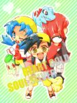  baseball_cap black_hair blue_hair chibi chikorita crystal_(pokemon) cyndaquil fuyu_(pixiv44308) gold_(pokemon) hat holding holding_poke_ball open_mouth poke_ball pokemon pokemon_(game) pokemon_gsc red_hair redhead silver_(pokemon) title_drop totodile twintails 