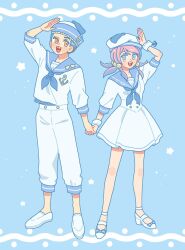  0110comachi0110 1boy 1girl anchor_ornament blue_eyes blue_hair blue_neckerchief dixie_cup_hat dress hair_bobbles hair_ornament hat higashikata_josuke_(jojolion) highres hirose_yasuho holding_hands jojo_no_kimyou_na_bouken jojolion military_hat multicolored_eyes neckerchief open_mouth pants peace_symbol pink_hair sailor sailor_collar sailor_dress sailor_hat sailor_shirt salute shirt shoes smile white_dress white_pants white_shirt white_shoes 