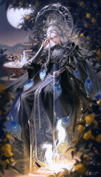  1girl architecture black_robe blue_hanfu bracer castle chinese_clothes chinese_commentary cloud_print commentary_request crescent_halo dated east_asian east_asian_architecture expressionless eyes_visible_through_hair facial_mark floral_print flower forehead_mark full_body full_moon halo halo_behind_head han_shi_reina hand_in_own_hair hand_on_lap hanfu highres light_particles lipstick long_hair long_sleeves makeup moon mooncake moonset_(shining_nikki) nikki_(series) osmanthus parted_lips peacock_feathers plate print_robe rabbit red_lips robe shining_nikki signature sitting solo teapot very_long_hair white_hair white_halo wide_sleeves xiangyun yellow_eyes yellow_flower 