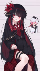  2girls aroused_nosebleed beret black_hair black_hat black_shirt black_skirt blood blush chibi colored_inner_hair commentary_request flower gradient_hair hair_flower hair_ornament hand_up hat heart heart-shaped_pupils highres long_hair mahou_shoujo_no_majo_saiban multicolored_hair multiple_girls necktie nikaido_hiro nosebleed open_mouth pink_eyes pink_hair plaid_clothes plaid_skirt pleated_skirt red_eyes red_hair red_necktie sakuraba_ema shirt skindentation skirt symbol-shaped_pupils thigh_strap white_hair white_shirt yun_cao_bing yuri 