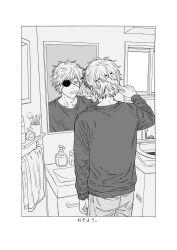  1boy bathroom border brushing_teeth chainsaw_man denji_(chainsaw_man) eyepatch faucet highres indoors long_sleeves looking_at_mirror male_focus mekill215280 mirror pants short_hair solo standing towel translation_request white_border window 