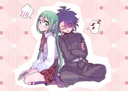  1boy 1girl black_hair blush commentary_request crossed_arms crossed_legs eda_mame_(mol) green_eyes green_hair head_on_another's_shoulder holding ichi_(madan_no_ichi) kumugi_(madan_no_ichi) leaning_on_person long_hair long_sleeves madan_no_ichi open_mouth ribbon seiza shirt short_hair sitting sleeping sleeping_on_person twintails witch zzz 