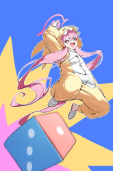  +_+ 1girl absurdres animal_costume blue_archive blush_stickers chinese_commentary dice fang hair_between_eyes halo highres hood hood_up hooded_pajamas jumping koyuki_(blue_archive) koyuki_(pajamas)_(blue_archive) long_hair long_sleeves looking_at_viewer official_alternate_costume onesie open_mouth pajamas pink_eyes pink_hair pink_halo rabbit_costume rabbit_pajamas shanqianqian_377 skin_fang slippers solo twintails yellow_pajamas 