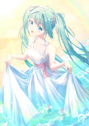  1girl absurdres alternate_costume ayayayume bare_arms blue_eyes blue_hair collarbone dress hatsune_miku highres long_hair miku_day smile sundress twintails very_long_hair vocaloid 