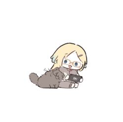  1girl animal_with_hair animalization ao_kaeru blonde_hair blue_hair brown_cat cat chibi chibi_only fujishima_megumi full_body gradient_hair grey_pants grey_shirt hair_ornament hairclip handheld_game_console highres holding holding_handheld_game_console long_hair love_live! love_live!_hasu_no_sora_jogakuin_school_idol_club mira-cra_park! multicolored_hair nintendo_switch_2 osawa_rurino osawa_rurino_(summer_loungewear) pants parted_bangs shirt simple_background sitting two_side_up virtual_youtuber white_background 