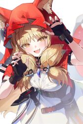  1girl :d animal_ears arknights arknights:_endfield black_gloves blonde_hair blush cape claw_pose commentary dress ears_through_headwear fang fingerless_gloves gloves highres hood hood_up hooded_cape jewelry looking_at_viewer necklace open_mouth ppot red_cape rossi_(arknights) skin_fang smile solo tail tooth_necklace white_background white_dress wolf_ears wolf_girl wolf_tail yellow_eyes 