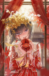  1girl :d absurdres architecture ball black_hair blurry blurry_background blush burn_scar chinese_clothes chinese_commentary chinese_wedding commentary_request curtains dorei_to_no_seikatsu_~teaching_feeling~ earrings east_asian_architecture fengguan hair_between_eyes hanfu happy head_tilt headdress highres holding holding_ball jewelry light_particles looking_at_viewer qungua red_hanfu scar sidelocks silk_ball smile solo straight-on sylvie_(dorei_to_no_seikatsu) tassel teeth unaware_min upper_body upper_teeth_only violet_eyes 
