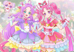  2girls :d ahoge akechi_anna aqua_eyes aqua_trim back_bow bare_shoulders blue_bow blunt_bangs blunt_ends blush blush_stickers bow bowtie braid brooch buttons capelet closed_mouth commentary cowboy_shot creature cure_answer cure_mystique curled_fingers curtained_hair double-breasted double_bun dress earrings fairy fingerless_gloves fingernails glove_bow gloves gold_buttons gold_trim gradient_hair hair_bow hair_bun hair_flaps hair_intakes hair_ornament hair_ribbon hands_up heart heart-shaped_blush_stickers heart_brooch heart_in_eye highres holding_hands impossible_hair jewelry kobayashi_mikuru legs_together long_hair looking_at_viewer magical_girl meitantei_precure! multicolored_hair multiple_girls nail_polish open_mouth pact_holder parted_bangs pink_bow pink_bowtie pink_capelet pink_dress pink_hair pleated_dress pochi-tan pouch precure purple_bow purple_bowtie purple_capelet purple_dress purple_hair red_bow red_ribbon ribbon rinco round_teeth side-by-side sidelocks smile split_mouth spread_fingers standing symbol_in_eye teeth thick_eyebrows thigh-highs twin_braids two-tone_hair upper_teeth_only very_long_hair violet_eyes white_gloves white_thighhighs wing_hair_ornament yellow_bow zettai_ryouiki 