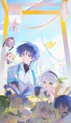  1boy 1girl albedo_(genshin_impact) aranara_(genshin_impact) beret bird black_sailor_collar black_shirt blue_ribbon blue_sky blunt_ends box building character_doll choppy_bangs cityscape clenched_hand clouds cloudy_sky collared_shirt commentary_request crane_game cross-shaped_pupils dated detached_sleeves doll durin_(genshin_impact) elbow_gloves eyelashes feather_necklace feathers genshin_impact gift gift_box gloves green_eyes green_hair green_sleeves hair_between_eyes hair_intakes hand_on_another's_waist hand_up happy_birthday hat highres houhouhou0103 jewelry layered_shirt long_hair looking_at_object multicolored_hair nahida_(genshin_cafe_in_seoul)_(genshin_impact) nahida_(genshin_impact) necklace official_alternate_costume open_collar open_mouth outdoors pointy_ears pom_pom_(clothes) ribbon sailor_collar scaramouche_(genshin_impact) school_uniform serafuku shirt short_sleeves side_ponytail sidelocks sky streaked_hair sweatdrop symbol-shaped_pupils tareme tsurime turtleneck turtleneck_shirt violet_eyes wanderer_(genshin_cafe_in_seoul)_(genshin_impact) wanderer_(genshin_impact) white_hair white_hat white_serafuku white_sleeves yellow_bird yellow_feathers yellow_pupils 