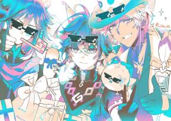  3boys animal animal_ears badge bat_ears bird birthday bow box c_ixxp cacucu_(genshin_impact) closed_mouth collarbone collared_shirt commentary cowboy_hat double-parted_bangs eyepatch eyewear_on_head facial_mark fingerless_gloves fingernails food genshin_impact gift gift_box gloves hair_between_eyes happy_birthday hat headband highres holding holding_food holding_vegetable ifa_(genshin_impact) jacket kinich_(genshin_impact) limited_palette medical_eyepatch medium_hair mouth_hold multiple_boys neck_tattoo ororon_(genshin_impact) partially_unbuttoned partially_unzipped party_hat party_horn radish scar scar_across_eye scar_on_face scarf shirt short_hair short_sleeves simple_background smile sparkle stalk_in_mouth tattoo thumbs_up twitter_username upper_body v vegetable white_background 