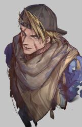  1boy backwards_hat baiyeju8 baseball_cap black_hat blonde_hair blue_eyes blue_shirt brown_scarf cropped_torso forked_eyebrows hat highres looking_to_the_side luke_sullivan male_focus official_alternate_costume parted_lips scar scar_across_eye scar_on_cheek scar_on_face scarf shirt short_hair sideways_glance smile solo street_fighter street_fighter_6 unfinished 