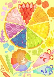  1girl absurdres bird's_eye_view blue_flower blue_ribbon blueberry brown_eyes brown_hair clover commentary_request dress flower food four-leaf_clover from_above fruit fruit_tart highres kazamati_soyoka long_hair looking_at_viewer looking_up mini_person minigirl multicolored_dress open_mouth orange_(fruit) orange_flower orange_slice original pastry_bag peach peach_slice pink_flower purple_flower rainbow_dress rainbow_gradient red_flower red_ribbon ribbon short_sleeves solo strawberry strawberry_slice tart_(food) tart_slice yellow_flower 