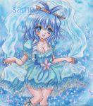  arms_up blue_background blue_dress blue_eyes blue_hair breasts butterfly cleavage collarbone dress flower frills hair_rings hair_stick kaku_seiga looking_at_viewer mamemaru open_mouth ribbon sample shawl short_hair solo tongue touhou traditional_media vest watercolor_(medium) watercolor_pencil_(medium) 