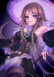  1girl armpits artist_name bare_shoulders breasts brown_hair character_request closed_mouth commentary detached_sleeves elyadead english_commentary eyelashes frills hat highres holding holding_wand honkai:_star_rail honkai_(series) long_hair looking_at_viewer purple_hat purple_ribbon ribbon simple_background skirt solo very_long_hair violet_eyes wand 