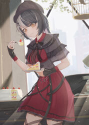  1girl :3 absurdres birdcage black_corset black_hair black_hat black_nails black_ribbon cage cake cake_slice closed_mouth corset deerstalker dress food fork grey_hair hat highres holding holding_fork holding_plate hololive hololive_english indoors long_hair multicolored_hair official_alternate_costume plate red_dress ribbon satoti_chang shiori_novella shiori_novella_(casual) solo split-color_hair two-tone_hair virtual_youtuber yellow_eyes 