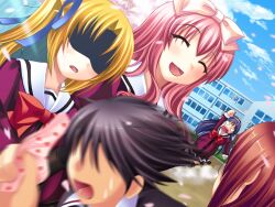  1boy 2000s_(style) 3girls :d ^_^ angry arm_up asahina_hiyori_(hara_hara!!) black_hair blonde_hair blue_eyes blurry blush bow breasts cherry_blossoms closed_eyes curtained_hair deformed diploma_tube faceless faceless_male falling_petals food_print fruit_print fumizuki_yukari game_asset glasses hair_between_eyes hair_bow hair_ribbon hara_hara!! holding holding_panties holding_underwear holding_unworn_clothes juliet_sleeves large_breasts long_hair long_sidelocks long_sleeves motion_blur multiple_girls non-web_source open_mouth outdoors outstretched_arm panties petals pink_bow pink_hair print_panties puffy_sleeves purple_hair red_hair ribbon school_uniform self-datamine sena_mirai_(hara_hara!!) serafuku short_hair shouting sidelocks skirt small_breasts smile smoke standing strawberry_panties strawberry_print suzumiya_natsuki sweat tareme twintails underwear v-shaped_eyebrows variant_set visual_novel_cg white_eyes yamamoto_christine_maiko_(hara_hara!!) 