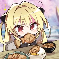  1girl azur_lane black_dress blonde_hair blush bowl chibi chibi_only chinese_commentary commentary_request day detached_sleeves dress eating food hair_intakes hands_up heart holding holding_food komowata_haruka konjiki_no_yami long_hair long_sleeves motion_lines official_art outdoors plate red_eyes rice sidelocks sitting solo taiyaki third-party_source to_love-ru two_side_up upper_body very_long_hair wagashi wide_sleeves 