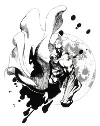  1boy abs absurdres ascot bengus blank_eyes cape claws clenched_hand darkstalkers demitri_maximoff different_shadow full_moon highres male_focus manly monster moon muscular no_pupils official_art shaded_face silhouette solo spiky_hair traditional_media vampire veins werewolf 
