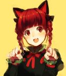  :d animal_ears blush braid bust cat_ears kaenbyou_rin open_mouth paw_pose red_eyes red_hair redhead simple_background smile solo touhou twin_braids weee_(raemz) yellow_background 