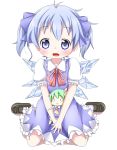  alternate_hairstyle ascot blue_dress blue_eyes blue_hair blush bow character_doll cirno daiyousei dress fang green_eyes hair_bow highres makuran open_mouth shirt short_hair sitting solo touhou twintails v_arms wariza wings 
