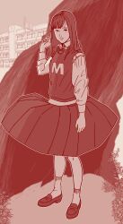  1girl absurdres bow bowtie brown_theme building east_asian expressionless full_body futoshi_slim greyscale highres loafers long_skirt monochrome original pleated_skirt shoes skirt socks solo sweater_vest traditional_bowtie tree 